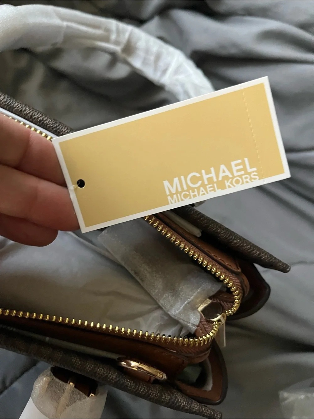 Michael Kors Dark Brown Logo Satchel with Tan Accents